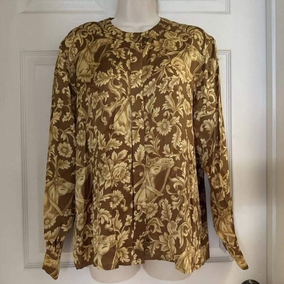 Vintage Escada Margaretha Ley Silk Gold Brown Blouse Size 38 Button Front - Picture 3 of 6